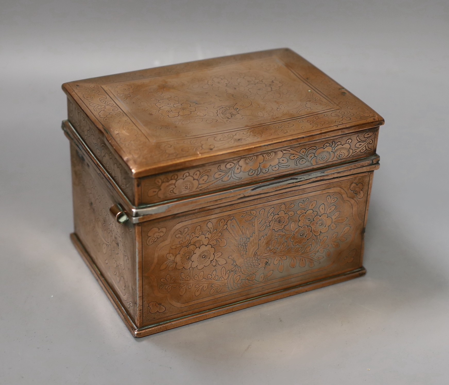 An Indo-Persian engraved copper plated tea caddy and Chinese soapstone bowl on stand. Diameter of bowl 20.5cm